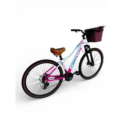 Bicicleta Aro 29 Feminina Absolute Hera Retrô Vintage 21v Hidráulica Selim  Cesta Branco-rosa Tam 15