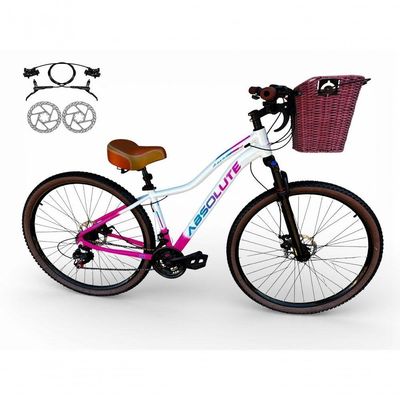 Bicicleta Aro 29 Feminina Absolute Hera Retrô Vintage 21v Hidráulica Selim  Cesta Branco-rosa Tam 15