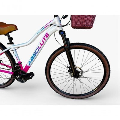 Bicicleta Aro 29 Feminina Absolute Hera Retrô Vintage 21v Hidráulica Selim  Cesta Branco-rosa Tam 15