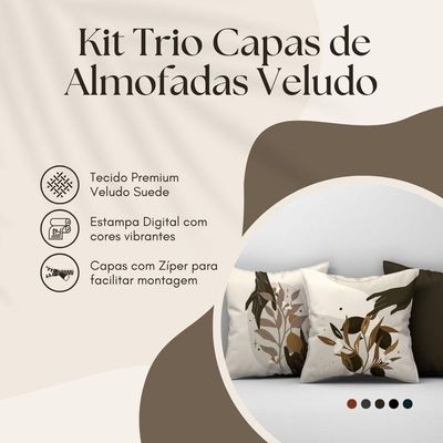 Kit Trio Capas De Almofadas Estampadas Folhas Em Veludo Suede 45cm X 45cm - Cor Tabaco