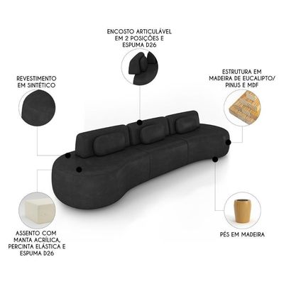 Sofá 4 Lugares 326cm Orgânico Mellanie Sintético Preto Z32 - Mpozenato