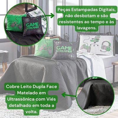 Kit Cobre Leito Colcha Solteiro Game Streamer Verde Dupla Face Com Almofadas Estampadas 05 Peças