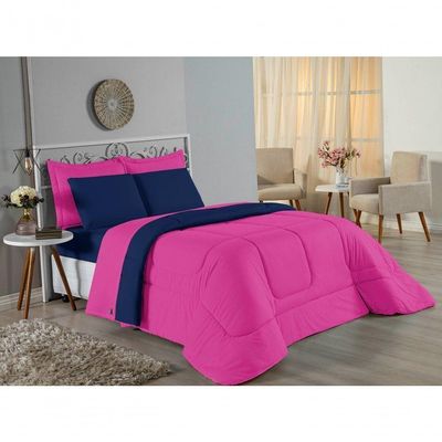 Kit Edredom Dupla Face + Jogo De Lençol King Nobre 7 Peças Malha 100% Algodão - Pink / Azul-marinho