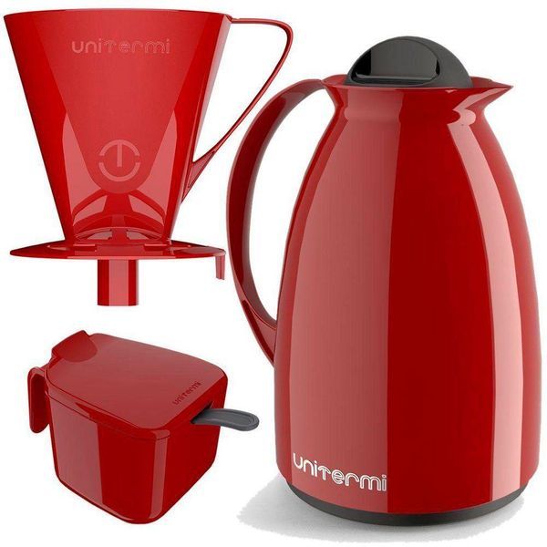 Kit Garrafa Termica Café Prático Com Açucareiro Com Colher E Suporte Para Filtro - Vermelha