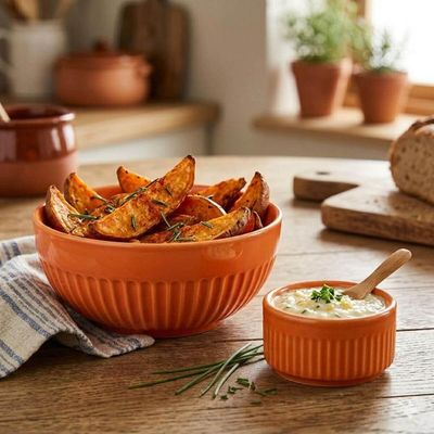 Kit Tigela 630ml e Ramekin 50ml em Porcelana Canelada Laranja Linha Assar e Servir Germer