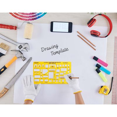 Molde Arquitetônico Traceease, Estêncil Plástico Profissional com Símbolos de Móveis e Recortes Padronizados, 24,1 cm x 15,2 cm - Inkdotpot Amarelo