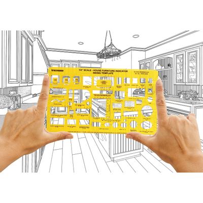 Molde Arquitetônico Traceease, Estêncil Plástico Profissional com Símbolos de Móveis e Recortes Padronizados, 24,1 cm x 15,2 cm - Inkdotpot Amarelo