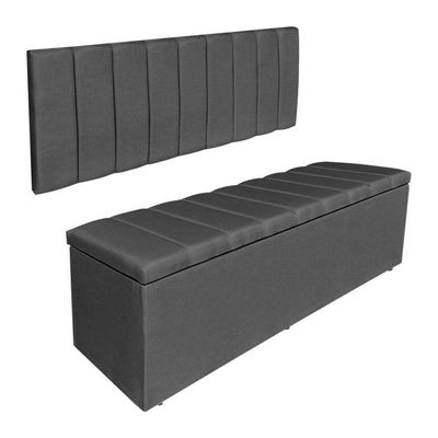 Kit Cabeceira Painel E Calçadeira Recamier Baú Queen 1,60m Holanda Suede Grafite - Pallazio