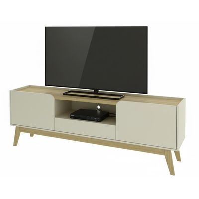 Rack Bancada Tv Até 75 Polegadas 2 Portas Arredondadas 1 Gaveta 180 Cm Nicho E Pés De Madeira