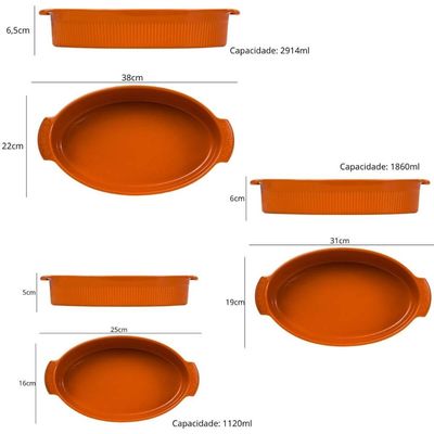 Conjunto 3 Travessas de Porcelana Ovais Germer Assar e Servir Canelado Refratário Laranja