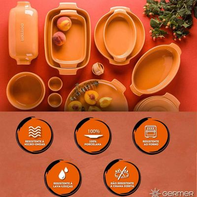 Conjunto 3 Travessas de Porcelana Ovais Germer Assar e Servir Canelado Refratário Laranja