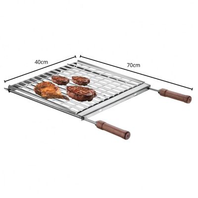 Grelha para Churrasqueira 70x40cm Inox Coletor De Gordura Cabos Em Madeira Utimil