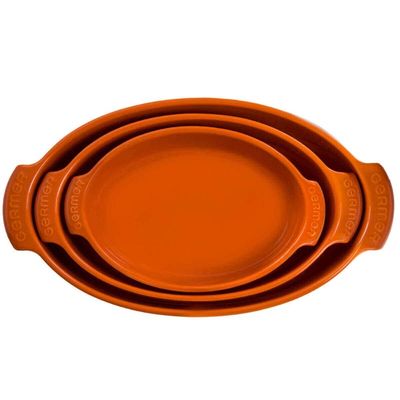 Conjunto 3 Travessas de Porcelana Ovais Germer Assar e Servir Canelado Refratário Laranja