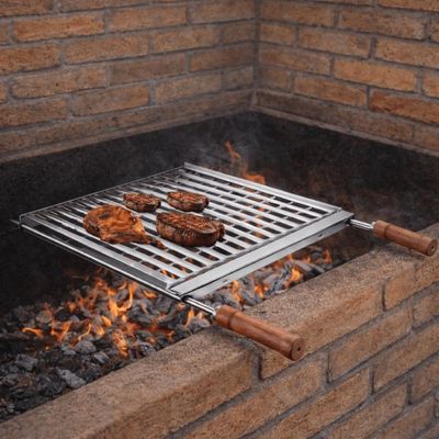 Grelha para Churrasqueira 70x40cm Inox Coletor De Gordura Cabos Em Madeira Utimil