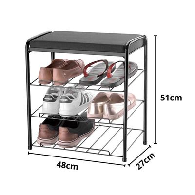 Banco Sapateira para Hall de Entrada Assento Estofado Preto 48cm 3 Andares 6 Pares de Calçados