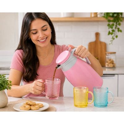 Garrafa Térmica Rosa 1 Litro + Jogo 4 Copos Vidro 190ml Canecas Texturizadas