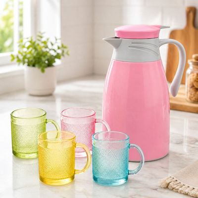 Garrafa Térmica Rosa 1 Litro + Jogo 4 Copos Vidro 190ml Canecas Texturizadas