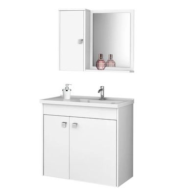 Kit Banheiro Gabinete 56cm Pia E Armário Com Espelho Munique Branco - Bechara