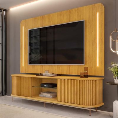 Painel Para Tv 75 Pol E Rack Bancada Ripado 218cm World D04 Cedro - Mpozenato