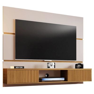 Painel Bancada Suspensa Para Tv Até 65 Pol. 2 Portas âmbar Off White/cinamomo/ripado - Bechara