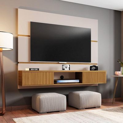 Painel Bancada Suspensa Para Tv Até 65 Pol. 2 Portas âmbar Off White/cinamomo/ripado - Bechara