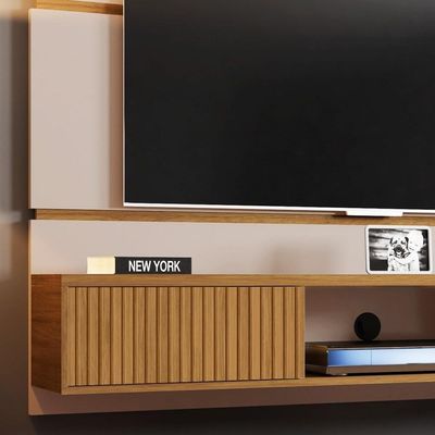 Painel Bancada Suspensa Para Tv Até 65 Pol. 2 Portas âmbar Off White/cinamomo/ripado - Bechara