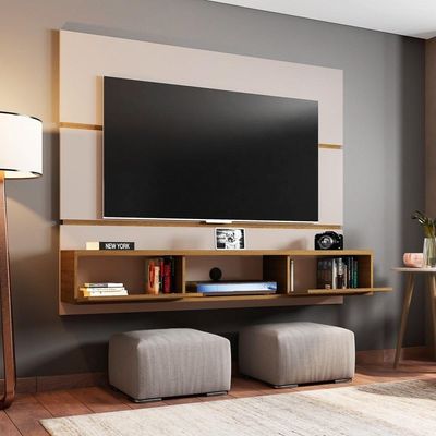 Painel Bancada Suspensa Para Tv Até 65 Pol. 2 Portas âmbar Off White/cinamomo/ripado - Bechara