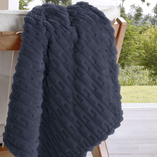 Manta KazzaVip King Microfibra 100% Poliéster Flannel Relevo Efeito Jacquard 260g/m2 Marinho