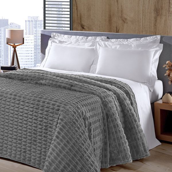 Manta KazzaVip King Microfibra 100% Poliéster Flannel Relevo Efeito Jacquard 260g/m2 Cinza