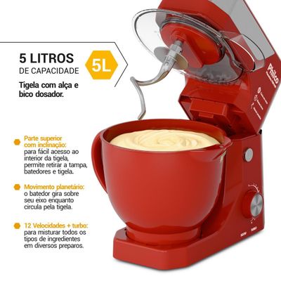 Batedeira Planetária Philco 900W 5L Turbo Vermelha PBP90B 127V