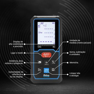 Trena Laser Philco Force Alcance de 80m Display LED PTL02 Pilhas