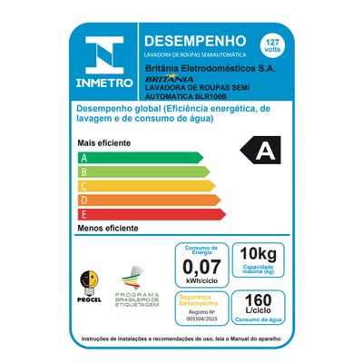 Tanquinho de Lavar Roupa 10KG Britânia 7 Programas BLR100B 220V