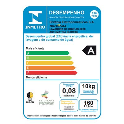 Tanquinho de Lavar Roupa 10KG Britânia 7 Programas BLR100B 220V
