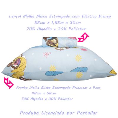 Jogo de Lençol KazzaVip Solteiro Malha  Mista 70% Algodão 30% Poliéster Kids Disney Princesas e Pets 02 Peças Azul