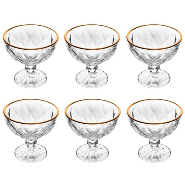 Jogo 6 Taças de Sobremesa Sorvete 250ml Vidro Diamond Lyor Transparente com Fio de Ouro