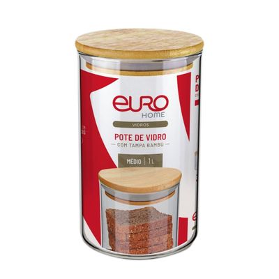 Pote de Vidro Euro Home Slim 1L com Tampa de Bambu