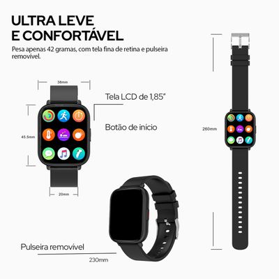 Smartwatch Geonav WB Tela 1,85" 45mm 24 Modos Esportivos Fitness Tracker Preto