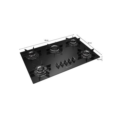 Cooktop Mueller 5 Bocas com Ultra Chama, Mesa de Vidro e Acendimento Superautomático, MCG5BB, Preto Bivolt