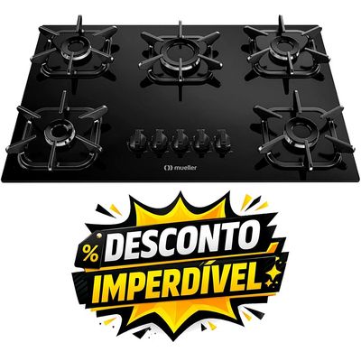 Cooktop Mueller 5 Bocas com Ultra Chama, Mesa de Vidro e Acendimento Superautomático, MCG5BB, Preto Bivolt