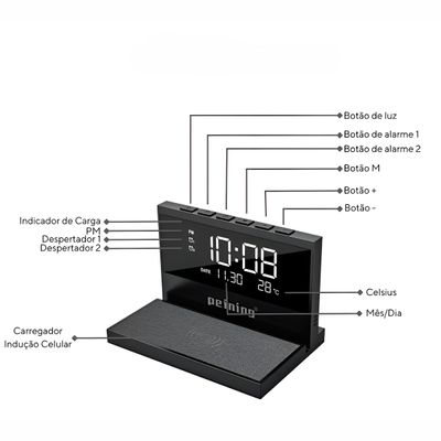 Relógio Digital com Carregador Sem Fio 15W, Termômetro e LED Ajustável Preto Fosco - Preto
