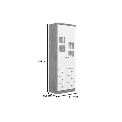 Guarda Roupa Infantil c/ 2 Portas Cristal e 3 Gavetas Uli Branco/Amêndoa - Peroba