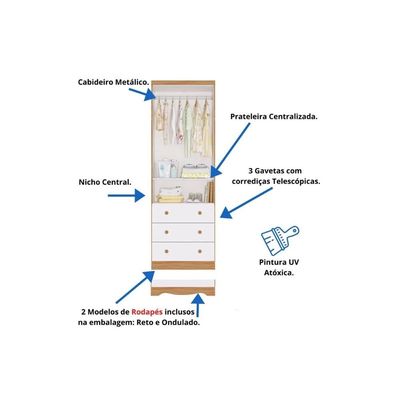 Guarda Roupa Infantil c/ 2 Portas Cristal e 3 Gavetas Uli Branco/Amêndoa - Peroba