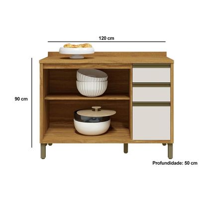 Gabinete Cozinha Balcão Tempranillo 2Portas 3Gavs 120cm Amendoa/Off White-Ronipa