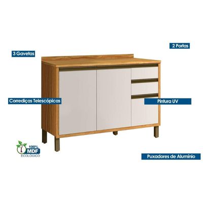 Gabinete Cozinha Balcão Tempranillo 2Portas 3Gavs 120cm Amendoa/Off White-Ronipa