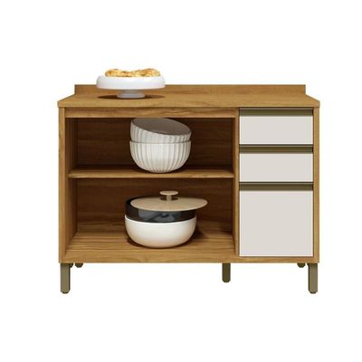 Gabinete Cozinha Balcão Tempranillo 2Portas 3Gavs 120cm Amendoa/Off White-Ronipa