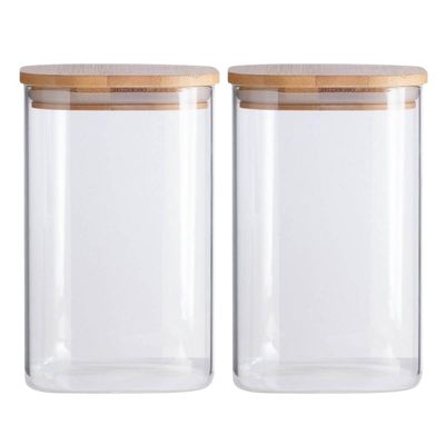Kit 2 Potes de Vidro Hermético 1100ml Tampa Bambu Quadrado Oikos Borea Cozinha Mantimentos Temperos