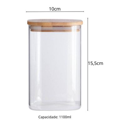 Kit 2 Potes de Vidro Hermético 1100ml Tampa Bambu Quadrado Oikos Borea Cozinha Mantimentos Temperos