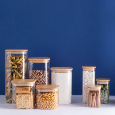Kit 2 Potes de Vidro Hermético 1100ml Tampa Bambu Quadrado Oikos Borea Cozinha Mantimentos Temperos