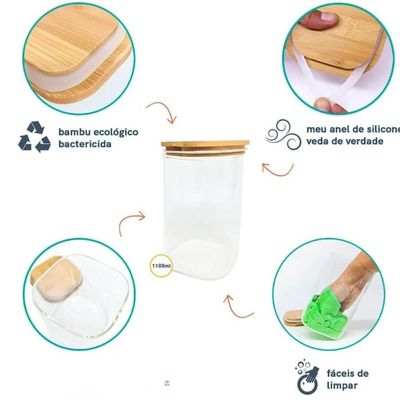 Kit 2 Potes de Vidro Hermético 1100ml Tampa Bambu Quadrado Oikos Borea Cozinha Mantimentos Temperos