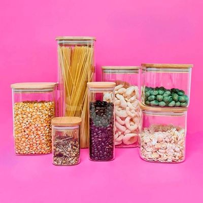 Kit 2 Potes de Vidro Hermético 1100ml Tampa Bambu Quadrado Oikos Borea Cozinha Mantimentos Temperos